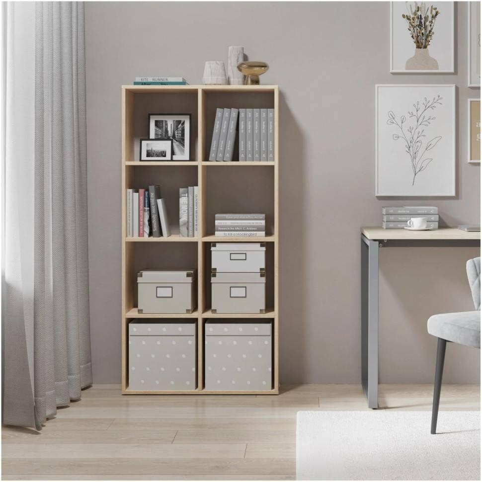 ชั้นวางของไม้สีอ่อนสูง 8 ช่อง